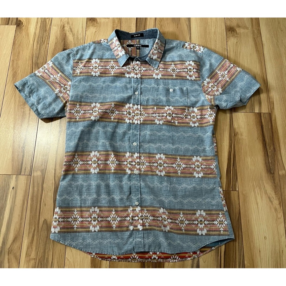 Mens Aztec Print Short Sleeve Button Up Shirt By Carbon Slim Fit XL Cotton Blend